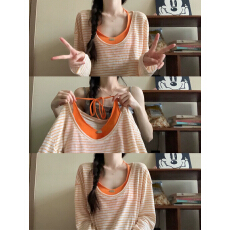 批发慵懒风橙色挂脖内搭吊带背心女春季条纹宽松防晒T恤上衣两件<b class='q'>套装</b>