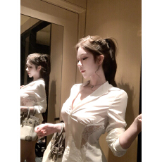 kubiliv高智女友纯欲性感镂空蕾丝拼接修身收腰显瘦衬衫上衣