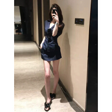 批发2026新款老钱风藏蓝色亚麻衬衫套装<b class='q'>裙子</b>夏季韩系高级收腰包臀短裙