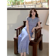 批发【醉扶】SYT自制 新中式休闲水滴领修身型显瘦短袖A字碎花<b class='q'>连衣裙</b>