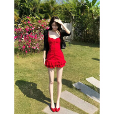 批发纯欲风<b class='q'>红色</b>收腰显瘦吊带<b class='q'>连衣裙</b>短裙女夏季2026新款黑色开衫两件套