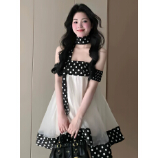 批发<b class='q'>波点</b>网纱拼接一字肩法式<b class='q'>连衣裙</b>特别漂亮小裙子2026夏海边丁达尔裙