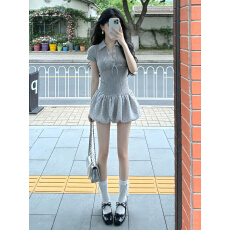 批发2026新款法式miu系灰色<b class='q'>波点</b>花苞<b class='q'>连衣裙</b>子女夏季小个子a字收腰短裙