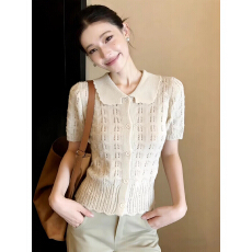 批发法式温柔风镂空娃娃领<b class='q'>针织</b><b class='q'>开衫</b>女夏季设计感<b class='q'>短款</b>修身显瘦短袖上衣