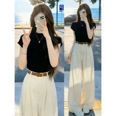 批发韩系巨好看穿搭一整套2026新款黑色短袖<b class='q'>t</b><b class='q'>恤</b>女夏季阔腿<b class='q'>裤</b><b class='q'>两件套装</b>