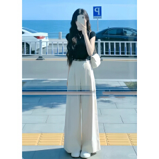 批发韩系巨好看穿搭一整套2026新款黑色短袖<b class='q'>t</b><b class='q'>恤</b>女夏季阔腿<b class='q'>裤</b><b class='q'>两件套装</b>