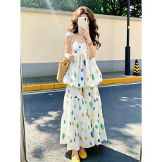 批发甜美彩色波点吊带连衣<b class='q'>裙</b>子夏季绝美蓬蓬花苞上衣半身<b class='q'>裙</b>两件套装女