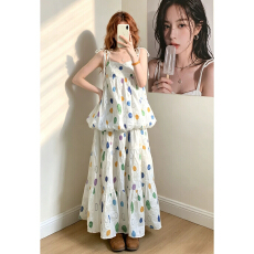 批发甜美少女风彩色波点吊带连衣<b class='q'>裙</b>子夏季绝美蓬蓬上衣半身<b class='q'>裙</b>两件套装
