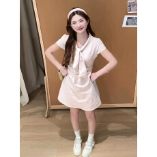 批发学院风粉色海军领绑带<b class='q'>连衣裙</b>子女夏季2026新款收腰<b class='q'>包臀</b>裙法式长裙