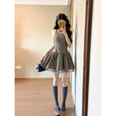 批发法式灰咖波点欧根纱复古无袖背心<b class='q'>连衣裙</b>女夏季高腰显瘦蓬蓬短裙子
