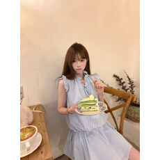 批发FREE 去野 韩系条纹立领褶边甜美短裙女夏季<b class='q'>休闲</b>泡泡袖a字连衣裙