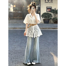 批发法式白色短袖收腰衬衫上衣女夏季2026新款独特超好看<b class='q'>蕾丝</b>衬衣外套
