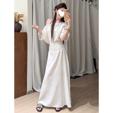 批发韩系一字肩白色<b class='q'>亚麻</b><b class='q'>连衣裙</b>子女夏季2026新款气质绝美蕾丝套装长裙