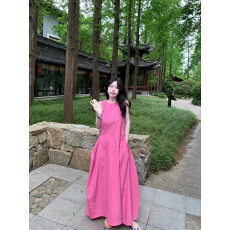 批发法国Rouje Rosella法式玫粉色无袖背心<b class='q'>连衣裙</b>女夏宽松显瘦长裙