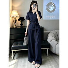 韩系休闲运动套装女夏时尚气质显瘦短袖绑带衬衫阔腿裤薄款两件套