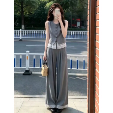 批发轻熟老钱风穿搭灰色蕾丝拼接马甲套装女2026夏季新款阔腿裤两件套