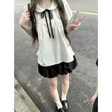 批发夏日温柔小个子气质风波点娃娃领衬衫+高腰花苞短裤少女两件套装