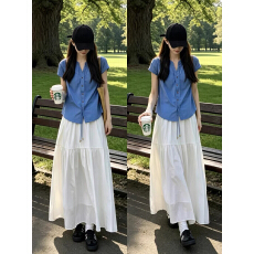 批发韩系蓝色上衣半身裙子女夏季2026<b class='q'>新款</b>一整套装多巴胺穿搭衬衫<b class='q'>长裙</b>