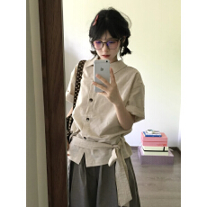 批发日系文艺系带收腰亚麻短袖衬衫女夏季<b class='q'>新款</b>设计感小众棉麻衬衣上衣