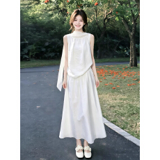 批发白色无袖连衣裙子女装夏季2026巨好看白月光海边穿搭一整套装长裙