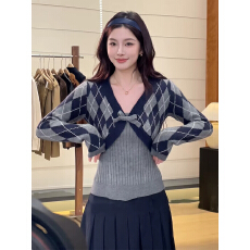 批发早秋季韩系学院风套装女<b class='q'>夏</b>季新款菱格短款针织开衫内搭吊带两件套