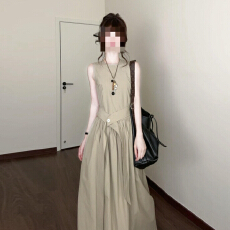 批发2026新款法式卡其色简约无袖背心<b class='q'>连衣裙</b>子女<b class='q'>夏</b>季收腰高级气质长裙