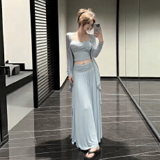 批发夏日韩系温柔蓝色开衫吊带<b class='q'>连衣裙</b>子女早秋新中式慵懒风长裙三件套