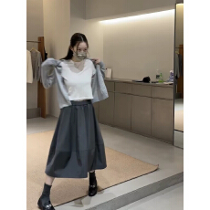 批发韩系温柔风长袖软糯针织开衫女早秋新款高腰大摆花苞半身裙两件套