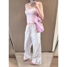 批发原板做法韩国小众撞色腰头可束脚涂鸦<b class='q'>印花</b>长裤宽松休闲阔腿裤