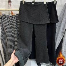 批发薄款/加绒假两件设计感拼接屁帘微喇休闲裤<b class='q'>秋</b>冬加绒款高腰显瘦