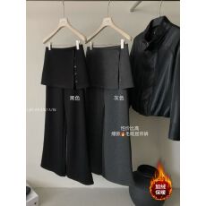 批发深灰色加绒微喇休闲裤女<b class='q'>秋</b>冬高腰假两件屁帘宽松阔腿拖地喇叭裤子