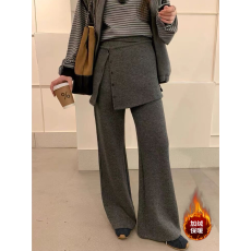 批发深灰色加绒微喇休闲裤女<b class='q'>秋</b>冬高腰假两件屁帘宽松阔腿拖地喇叭裤子
