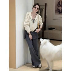 批发深灰色加绒微喇休闲裤女<b class='q'>秋</b>冬高腰假两件屁帘宽松阔腿拖地喇叭裤子