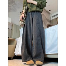 批发薄款/加绒-原版毛呢面料-立体腰头-灰色加绒宽松垂感阔腿休闲裤子