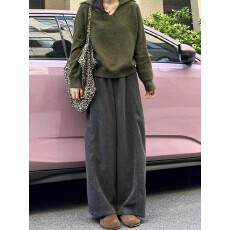 批发薄款/加绒-原版毛呢面料-立体腰头-灰色加绒宽松垂感阔腿休闲裤子