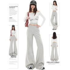 批发薄款/加绒-灰色微喇卫裤女秋季不贴腿低腰<b class='q'>运动</b>休闲弯刀喇叭裤子