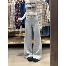 批发薄款/加绒-灰色微喇卫裤女秋季不贴腿低腰<b class='q'>运动</b>休闲弯刀喇叭裤子