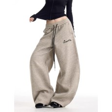 立体腰头-原板面料-条纹弯刀裤宽松阔腿运动长裤慵懒松弛感休闲裤