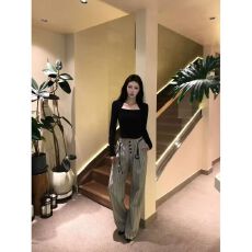 批发解构拼接褶位西裤秋冬新款潮流宽松高级条纹灰色休闲直筒裤子