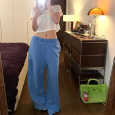 批发2026秋季新款<b class='q'>休闲裤</b><b class='q'>女</b>美式宽松显瘦直筒拖地裤高腰抽绳阔腿裤<b class='q'>潮</b>