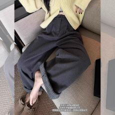 批发【原板做工】韩系chic人字纹西<b class='q'>装</b>版阔腿<b class='q'>裤</b><b class='q'>条纹</b>翻边随性直筒休闲<b class='q'>裤</b>