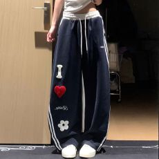 批发  原版做工 刺绣+藏青复黑底 纯棉华棉复合 阔腿裤女