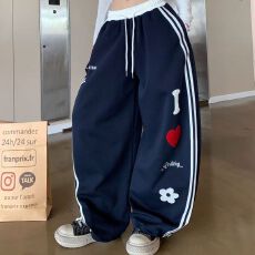 批发原版做工 刺绣+藏青复黑底 纯棉华棉复合 阔腿裤女