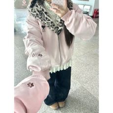 批发加绒 白金拉链 原版豹纹 内抽 秋冬<b class='q'>可爱</b>兔耳朵连帽卫衣女