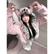 批发加绒 白金拉链 原版豹纹 内抽 秋冬<b class='q'>可爱</b>兔耳朵连帽卫衣女