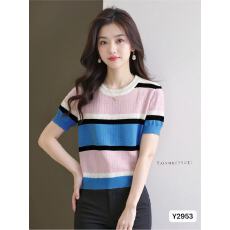 批发气质条纹短袖修身显瘦冰丝针织衫春<b class='q'>夏季</b>新款外穿内搭短款百搭上衣