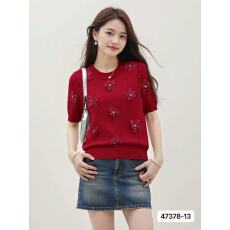 批发2026年春<b class='q'>夏</b>季新款法式时尚圆领立体花钉珠百搭短袖上衣女