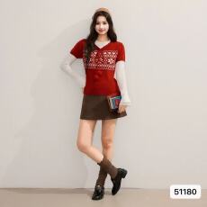 批发春<b class='q'>夏</b>新款费尔岛撞色木耳边系带叠穿短袖针织打底衫百搭修身上衣女