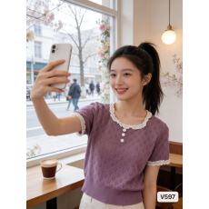 批发复古撞色花边拼接镂空修身正肩女夏季<b class='q'>韩版</b>U领针织短袖百搭上衣女