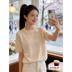 批发<b class='q'>花朵</b>蝴蝶结珍珠装饰圆领短袖针织衫女夏季新款气质百搭显瘦上衣